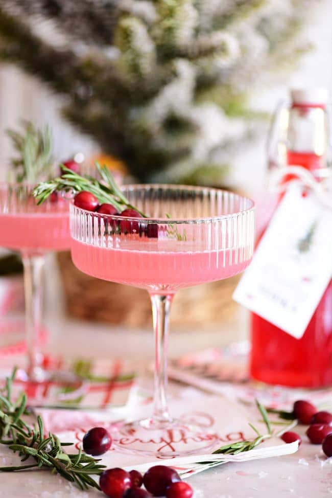 pretty pink cocktail in a coupe glass with cranberry and rosemary garnish