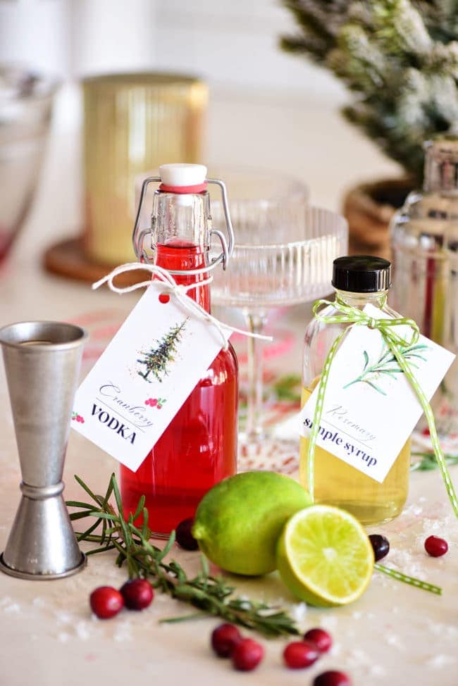 ingredients to make a handcrafted cranberry cosmo cocktail