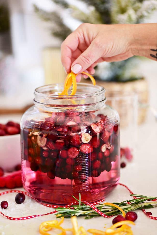 placing orange rinds in jar with cranberries and vodka