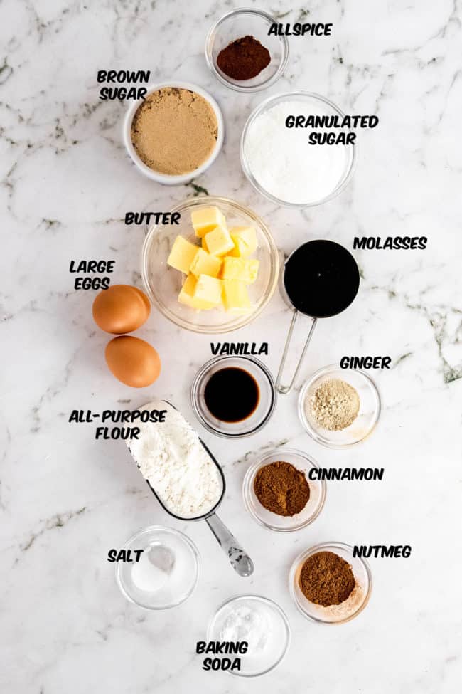 ingredients for molasses cookies on a counter