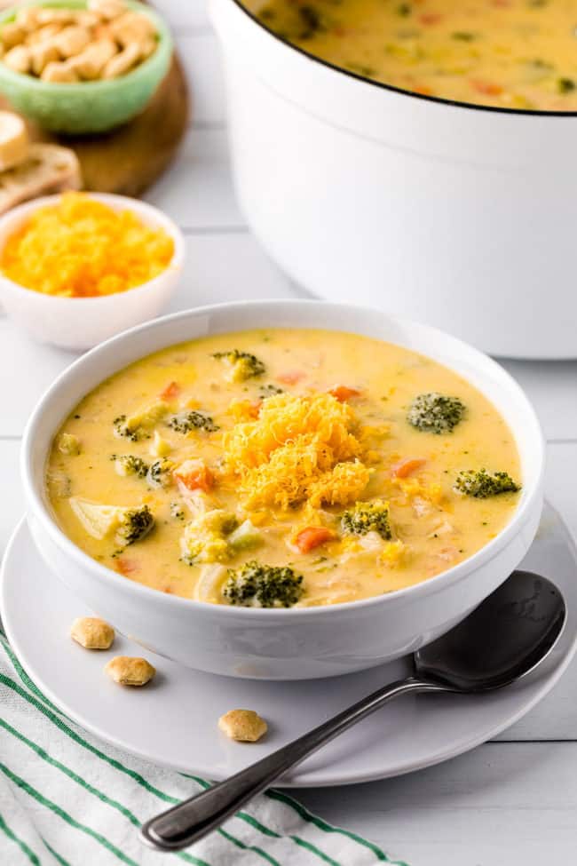 cheddar broccoli soup in a white bowl