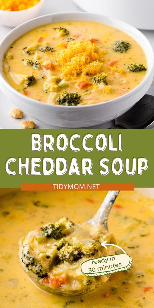Broccoli cheddar soup in a white bowl and in a soup ladle