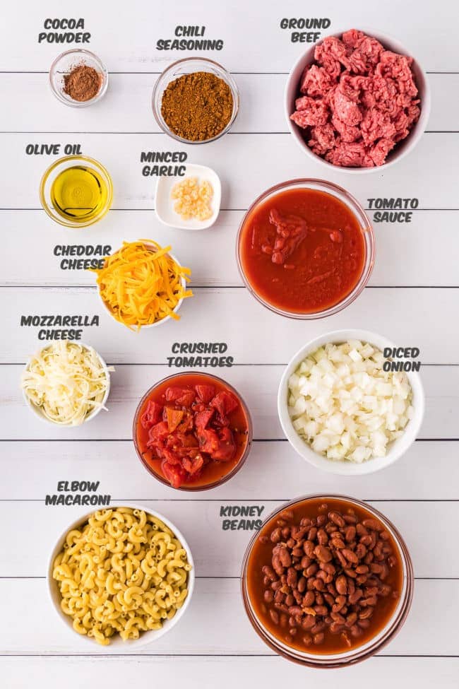 cheesy chili mac ingredients in bowls on a counter