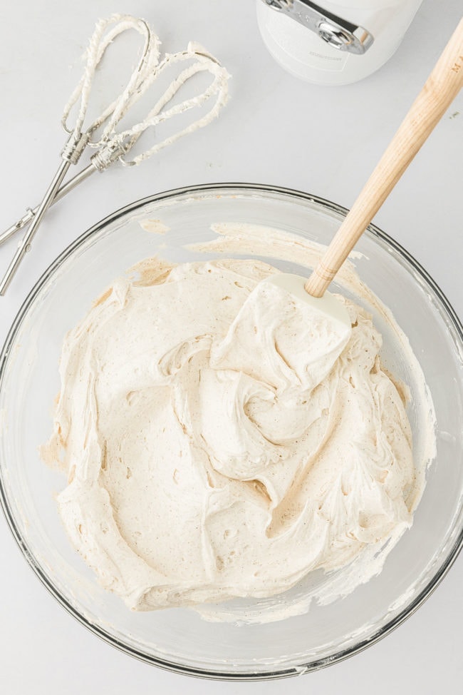 homemade cinnamon buttercream in a mixing bowl