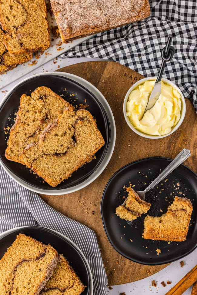 cinnamon swirl bread on plates on a table