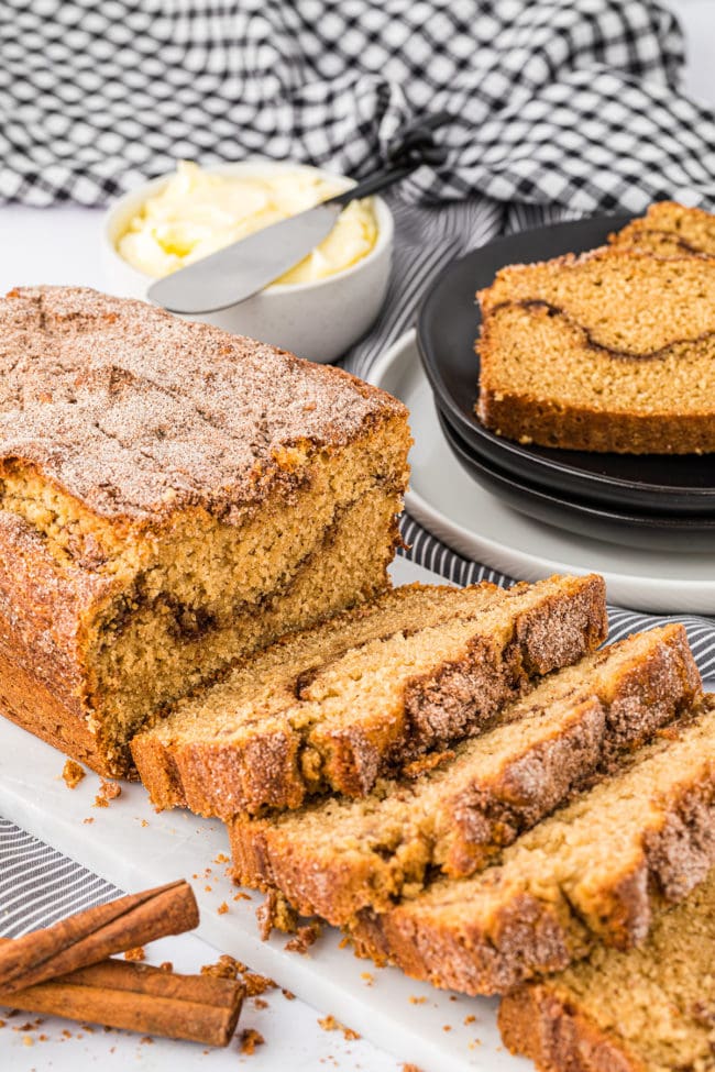 sliced loaf of cinnamon bread