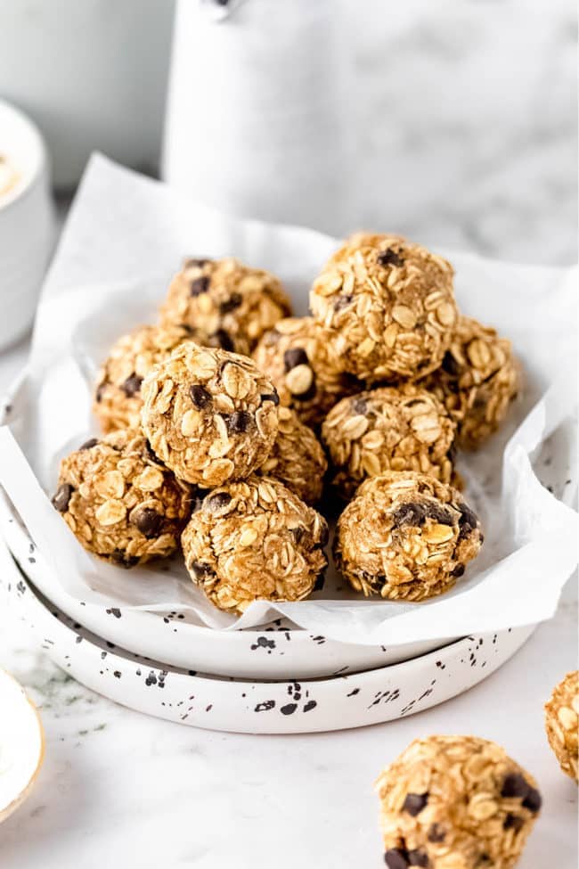 Peanut Butter Energy Bites in a speckled bowl