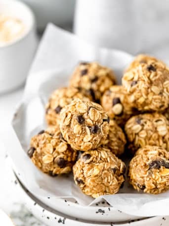 peanut butter protein balls in a bowl