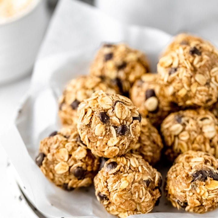 peanut butter protein balls in a bowl