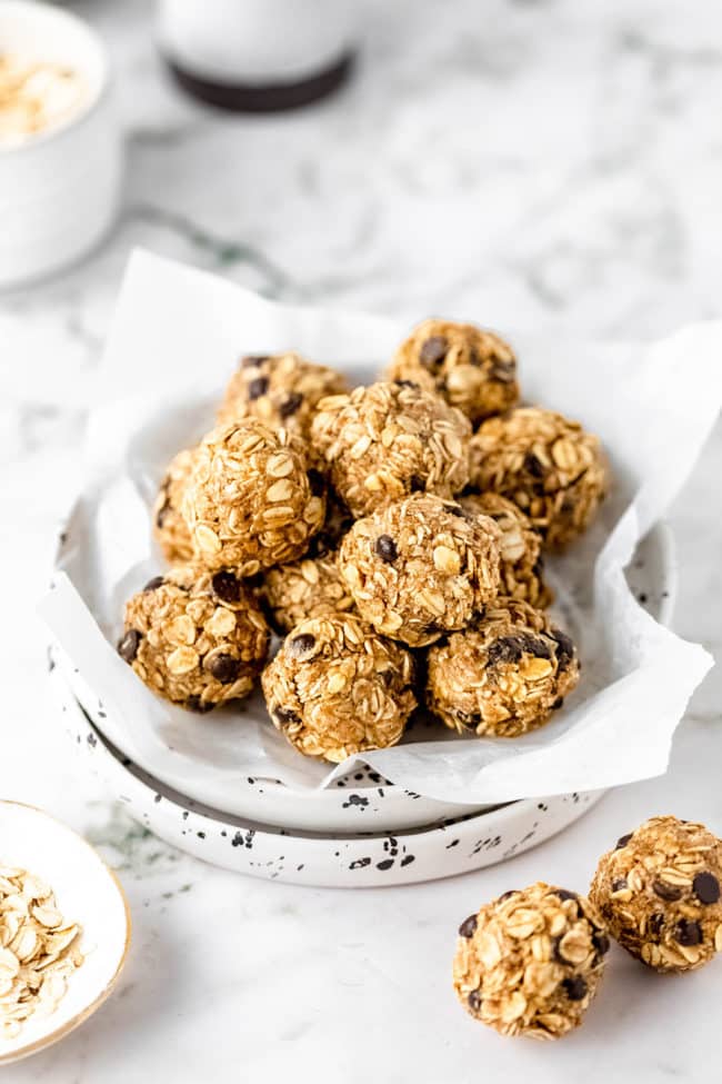 peanut butter bliss balls in a bowl on a table