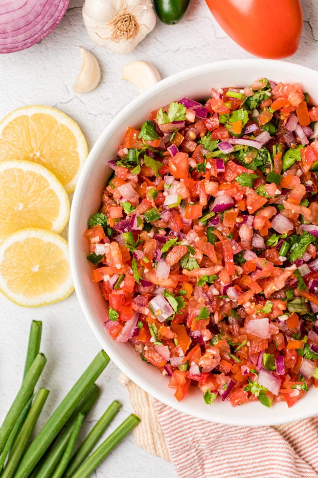 over head shot of a bowl of pico de gallo