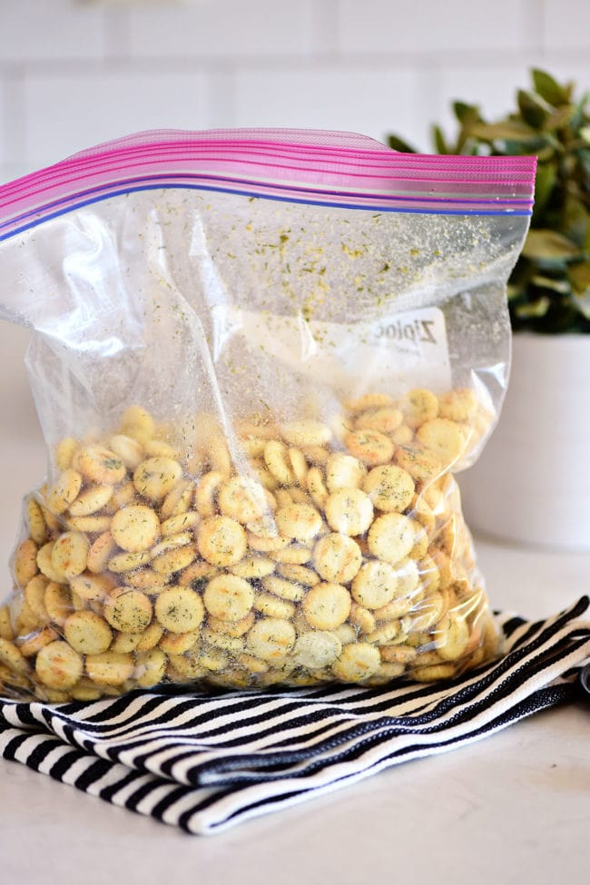 ranch oyster crackers in a zip-top bag
