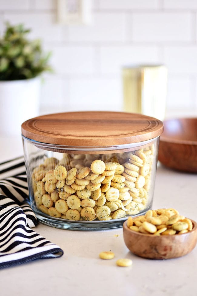 seasoned oyster crackers in an airtight glass container