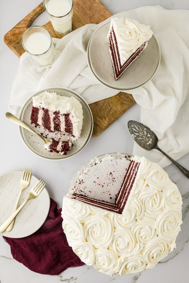 overhead look at red velvet layered cake