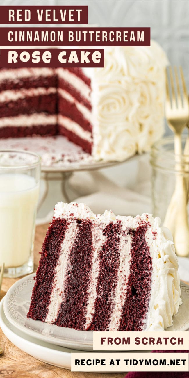 red velvet cake on a cake stand and a slice on a plate.
