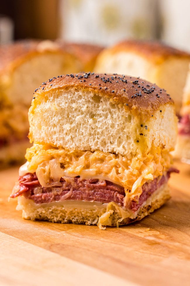 close up of a Reuben Party Slider sandwich