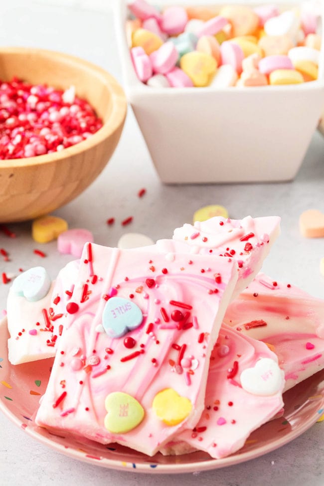 white chocolate bark with Valentine candy