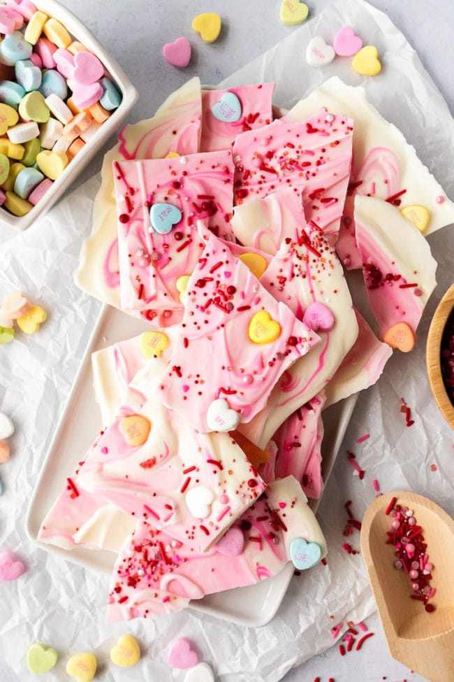 chocolate bark with Valentine candy