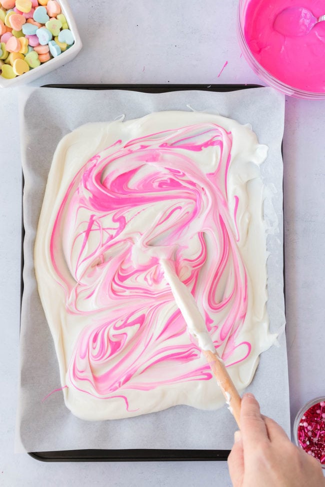 a slab of pink and white chocolate bark