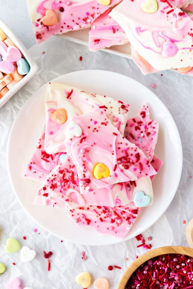 White Chocolate Bark for Valentines Day on a plate