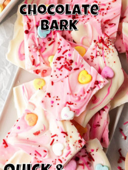 Valentine’s White Chocolate Bark with candy hearts and sprinkles