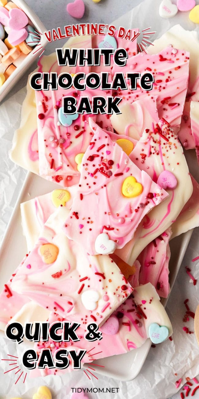 Valentine’s White Chocolate Bark with candy hearts and sprinkles