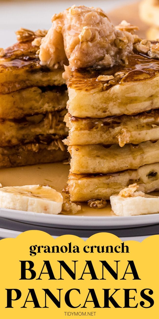 close up of cut stack of banana pancakes with granola