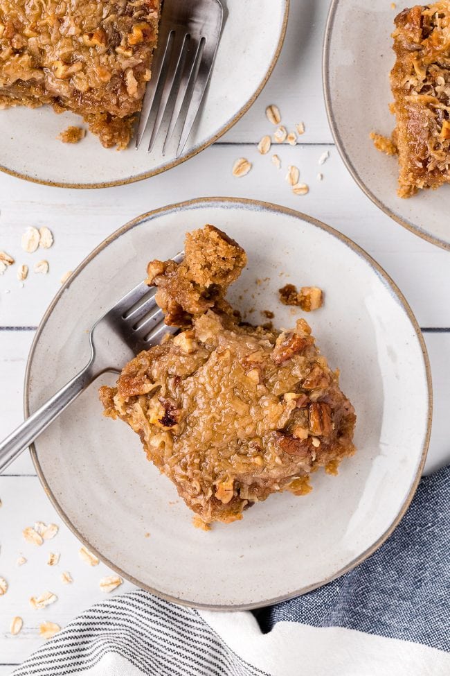 oatmeal cake on a plate with a fork