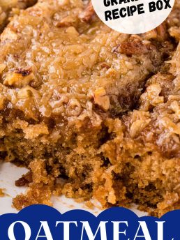 close up of Old-fashioned Oatmeal Cake in a pan