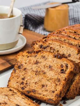 slices of Peanut Butter Banana Quick Bread loaf