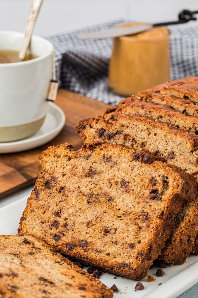 slices of Peanut Butter Banana Quick Bread loaf