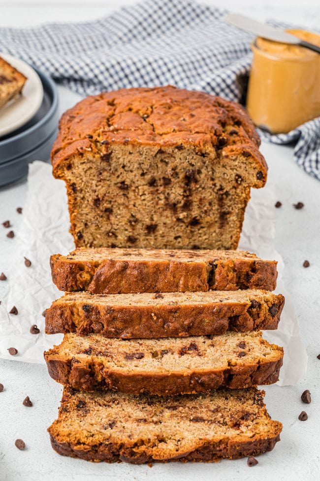 sliced loaf of Peanut Butter Banana Quick Bread