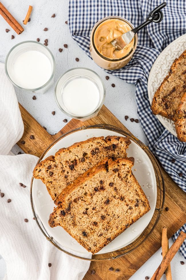 over head shot of Peanut Butter Banana Quick Bread slices on a plate