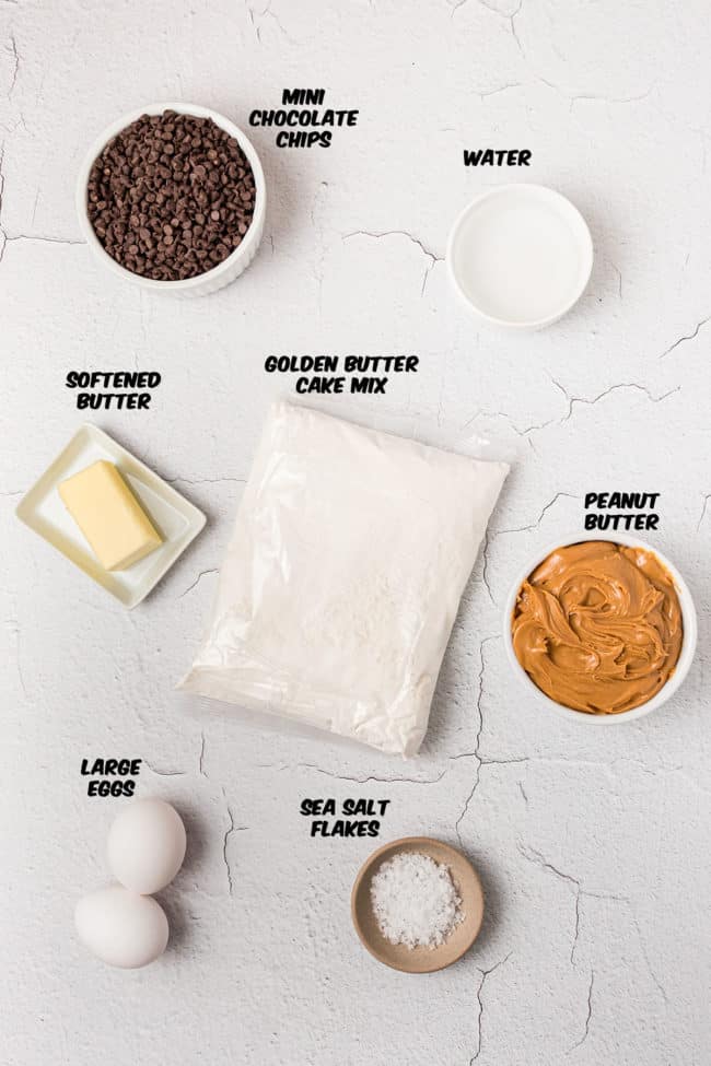 ingredients for making peanut butter chocolate chip cake mix cookies