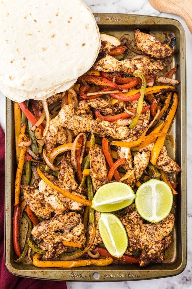 sheet pan fajitas with flour tortillas