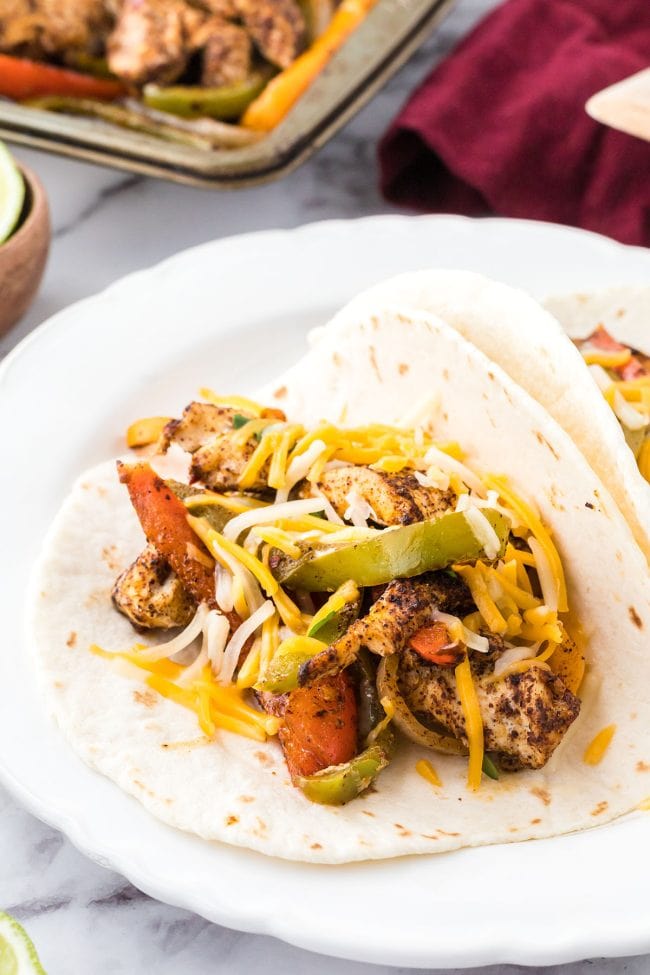 homemade oven fajita with chicken and flour tortilla