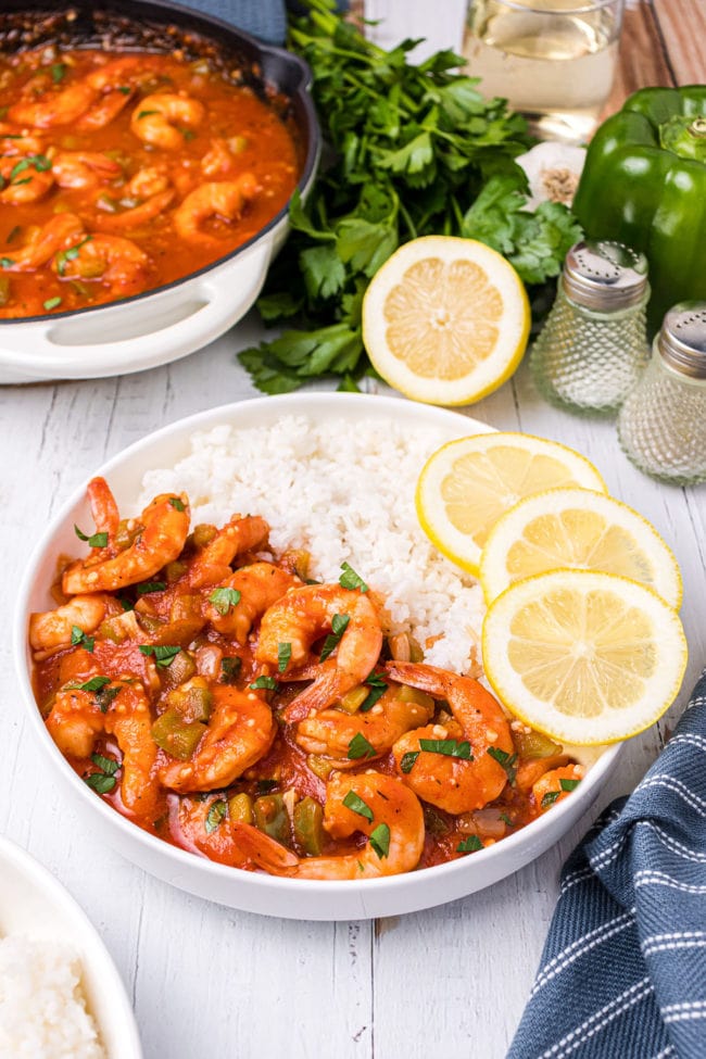 plate of creole with shrimp and rice