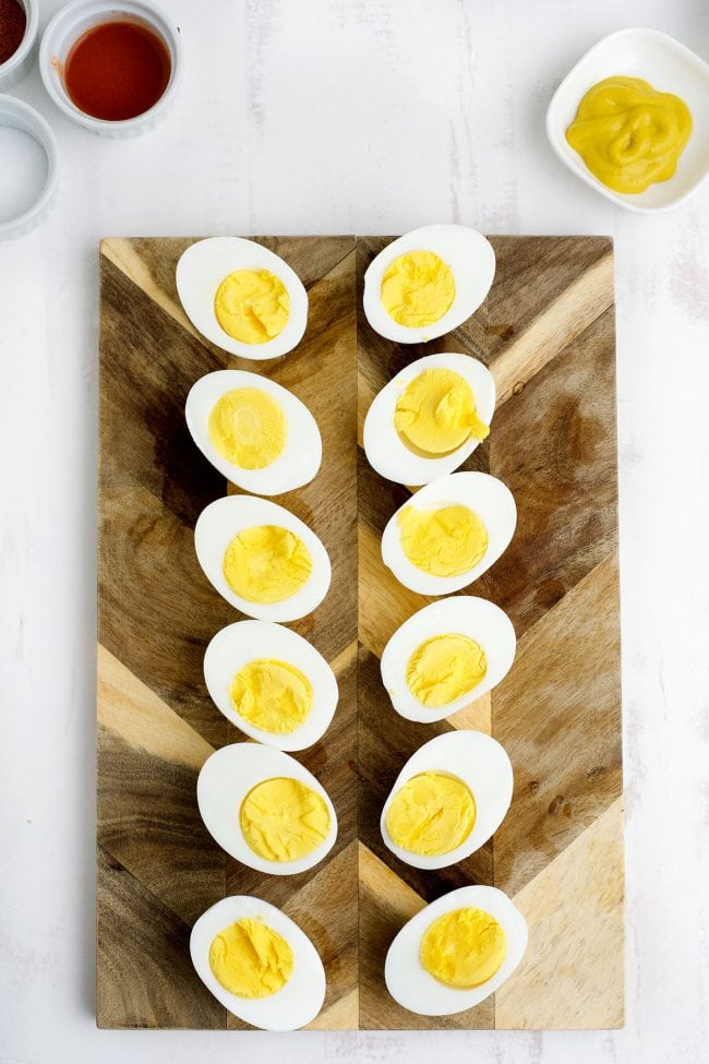hard cooked eggs cut in half to make deviled eggs