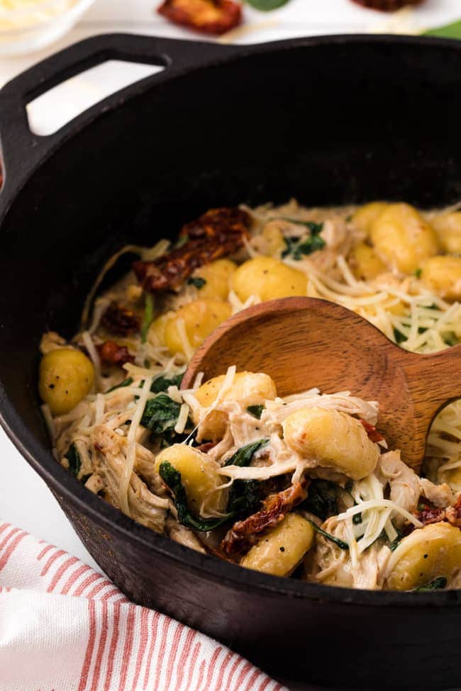 gnocchi with chicken in a deep skillet