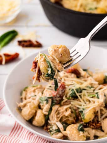 a bowl and fork of creamy chicken gnocchi with sun dried tomatoes