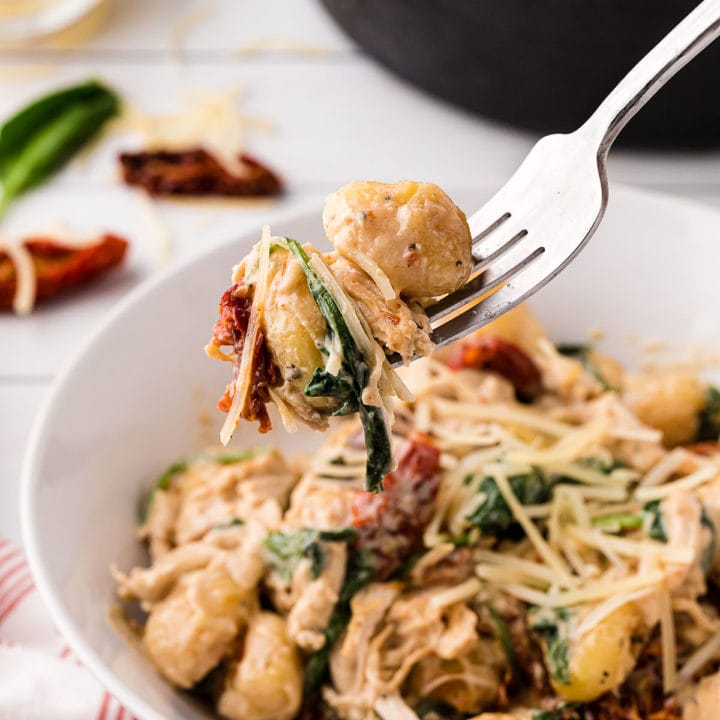 a bowl and fork of creamy chicken gnocchi with sun dried tomatoes