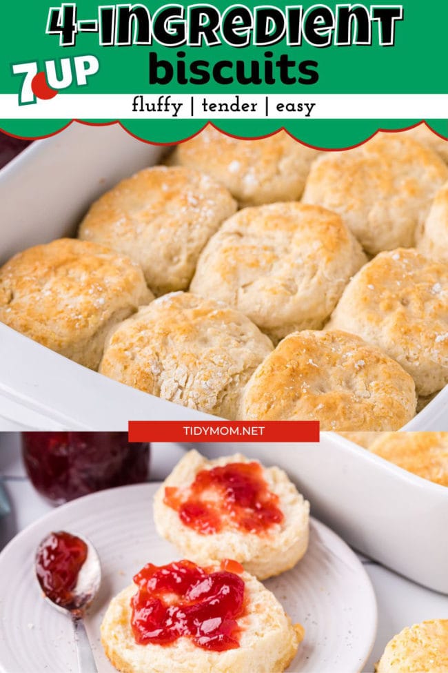 baked 7-Up biscuits in a white baking dish and on a plate with strawberry jam