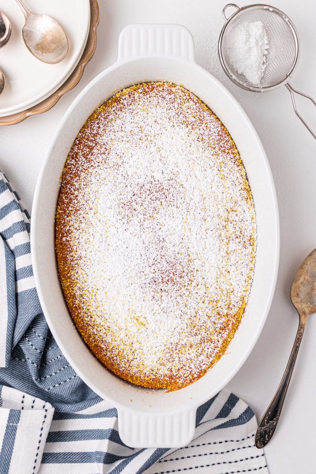 baked carrot souffle with powdered sugar