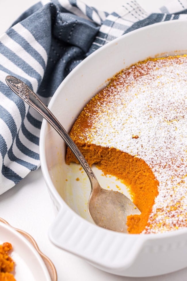 dessert souffle with spoon in a baking dish