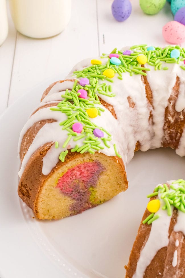 cut bundt cake with colorful swirls inside