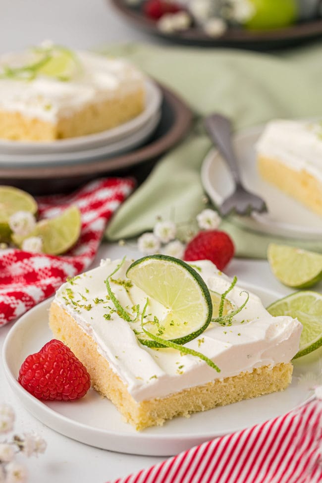 slice of cake with fresh lime and raspberries
