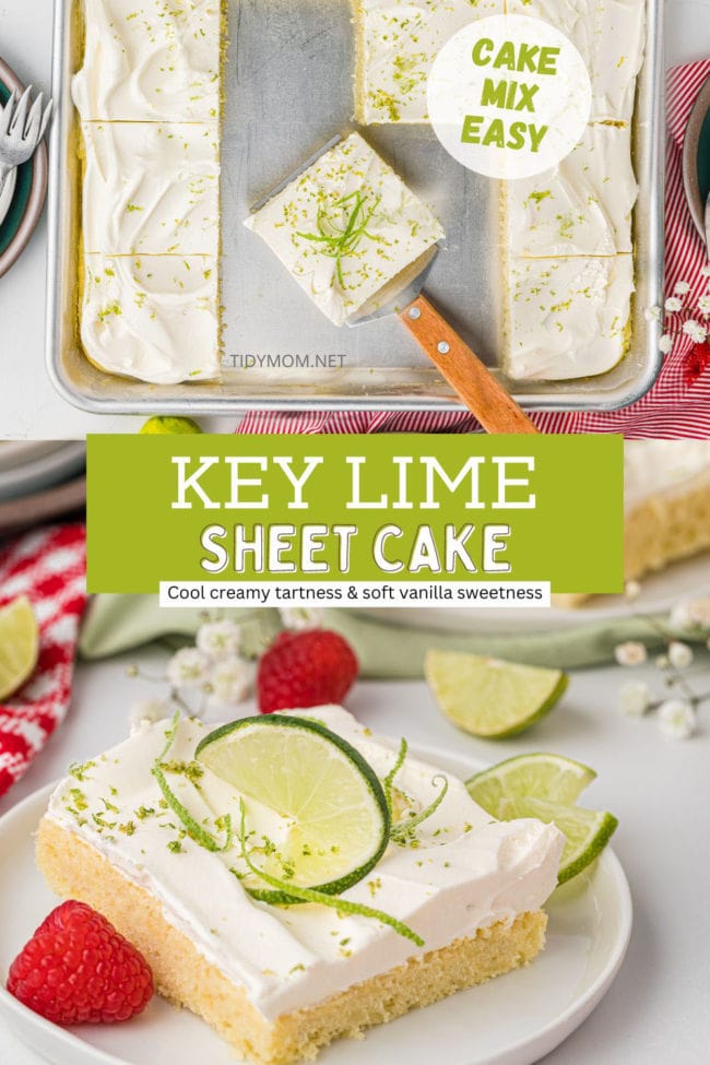 lime sheet cake in a pan and a serving on a plate