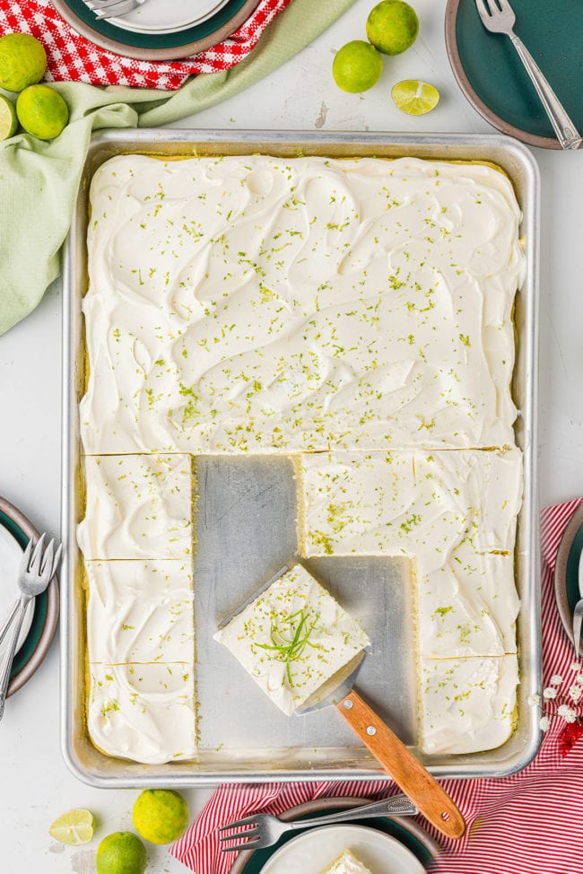 sheet pan cake cut with several slices missing