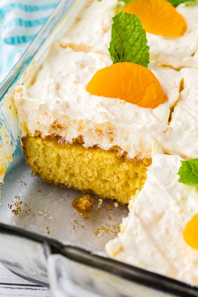 close up of Mandarin Orange Cake in glass dish