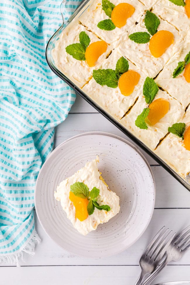 overhead look at cake with mandarin oranges